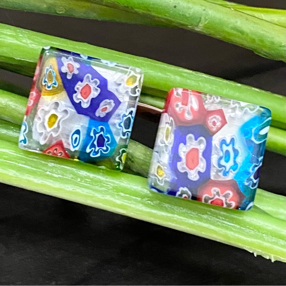 Multicolored Millefiori Fused Murano Glass Stainless Steel Cufflinks - Picture 10 of 11